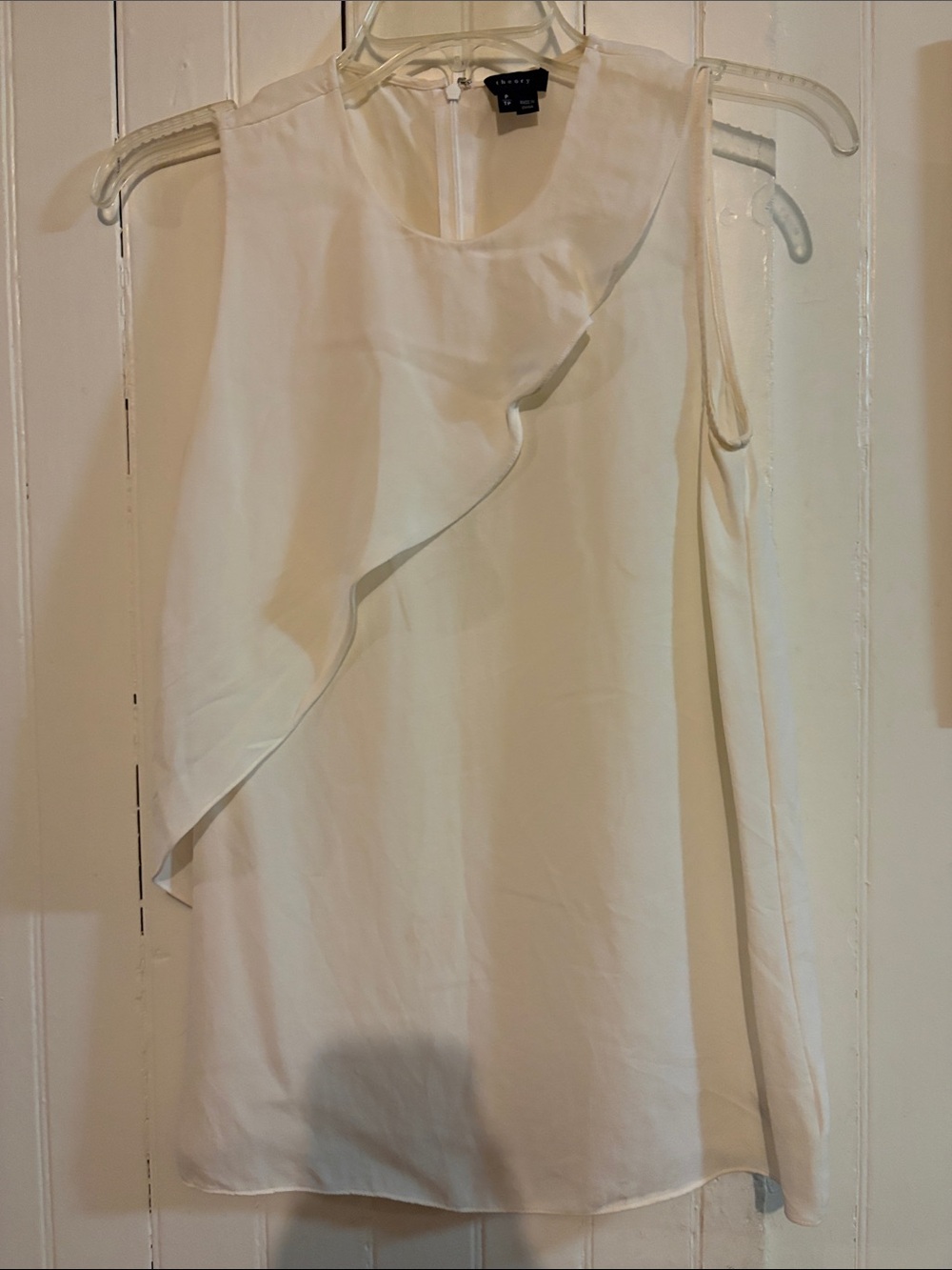 Theory Cream Silk Assymetrical Ruffle Top